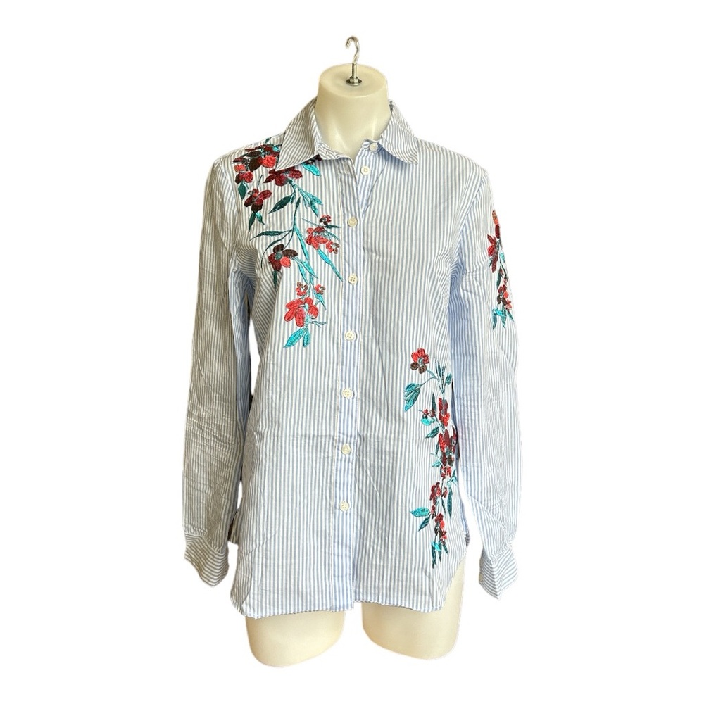 Marciano Blue and White Striped Button Up with Red Floral Embroidery Small [007]